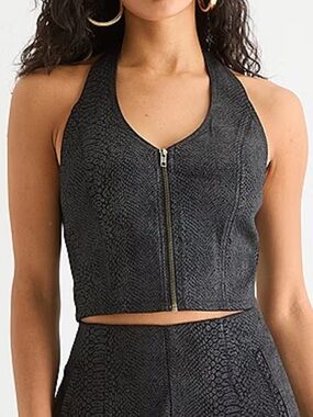 Zip-Front Textured Black Halter Crop Top with snake prints